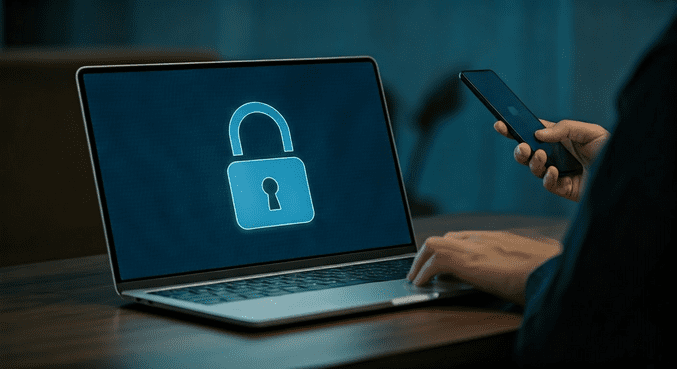 alt_text: Osoba przy komputerze z interfejsem VPN, w nowoczesnym otoczeniu, w odcieniach niebieskiego i czerni.